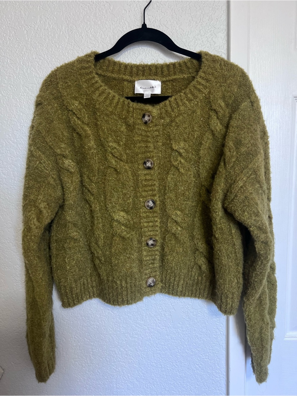 Line & Dot Clover Sweater Olive Green Cable Knit Cropped Cardigan Cozy Size L - Picture 3 of 8
